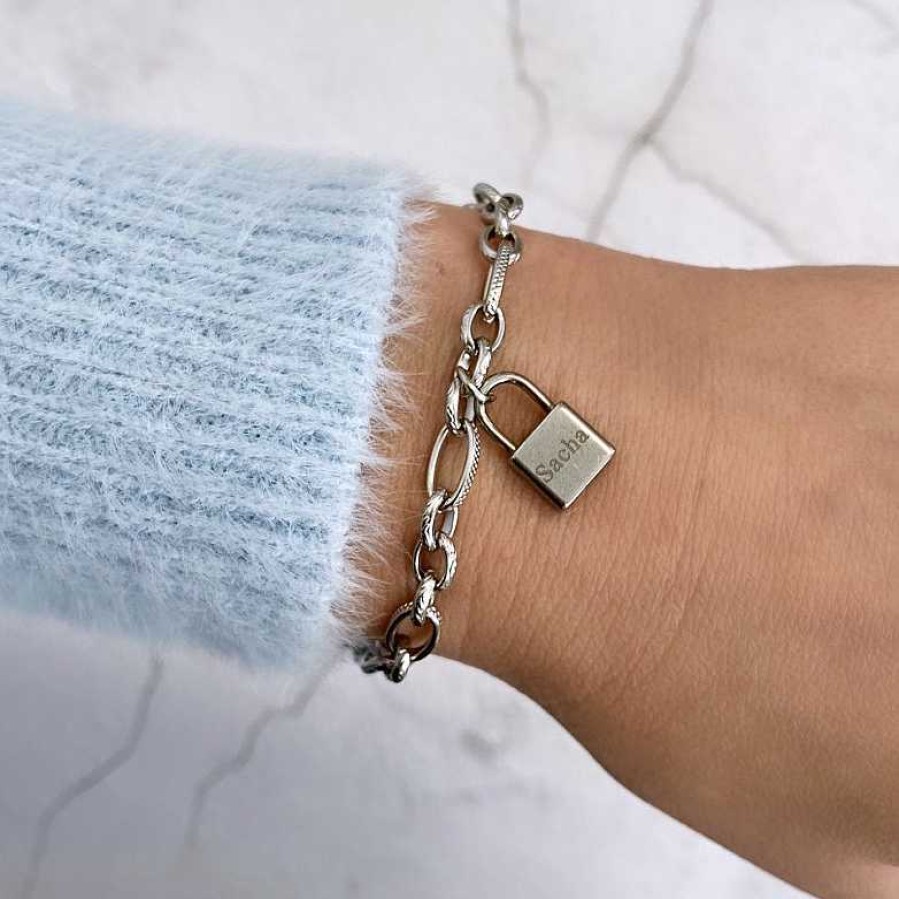 Armbanden Finaste | Schakelarmband Met Slotje Graveren Kleur Zilver