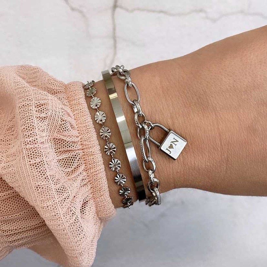 Armbanden Finaste | Schakelarmband Met Slotje Graveren Kleur Zilver