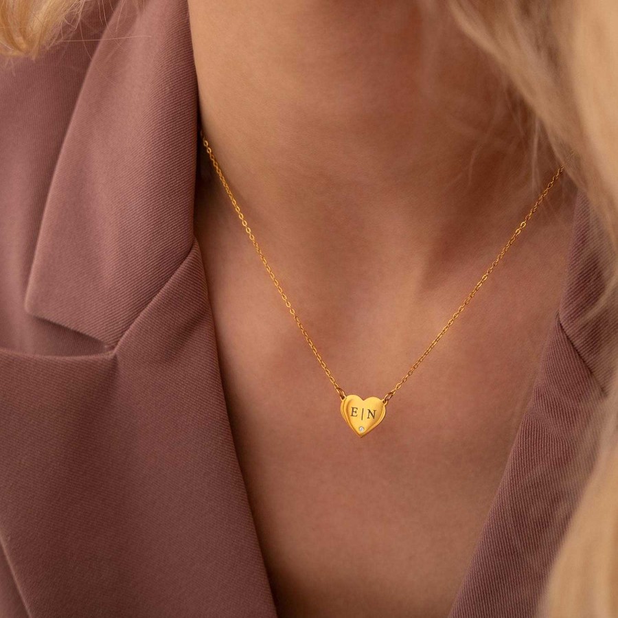 Kettingen Finaste | Graveerbare Heart Ketting Met Steentje Goudkleurig