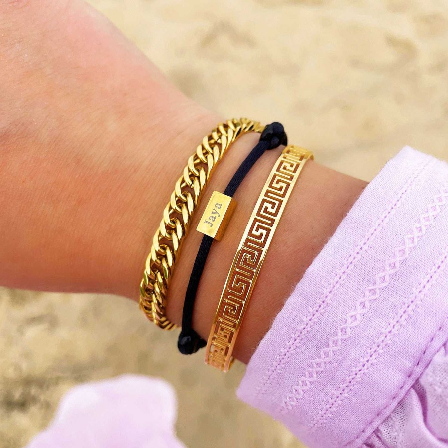 Armbanden Finaste | Satin Initial Armbandje Zwart Gold Plated