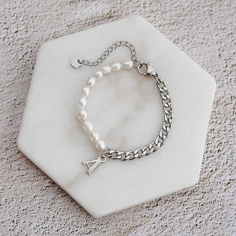 Armbanden Finaste | Initial Armband Chain & Pearl Kleur Zilver