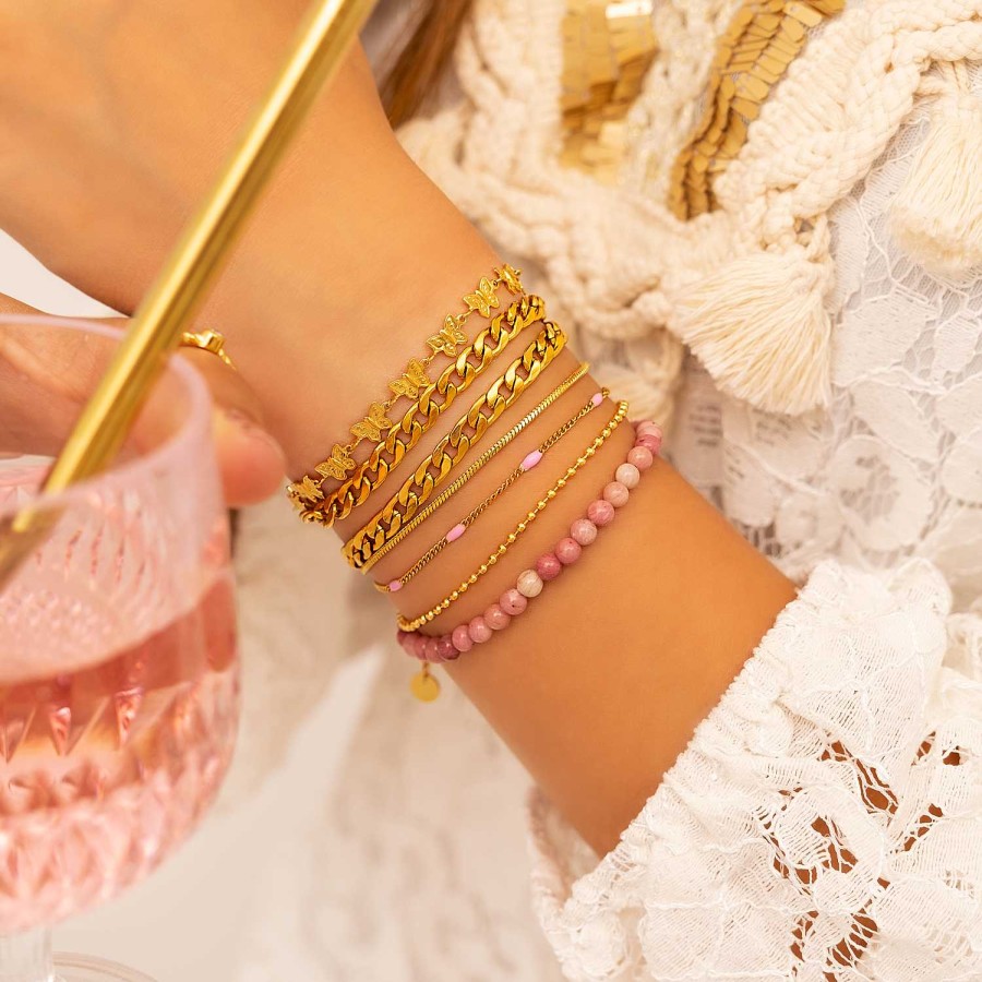 Armbanden Finaste | Armband Met Roze Bolletjes Goudkleurig