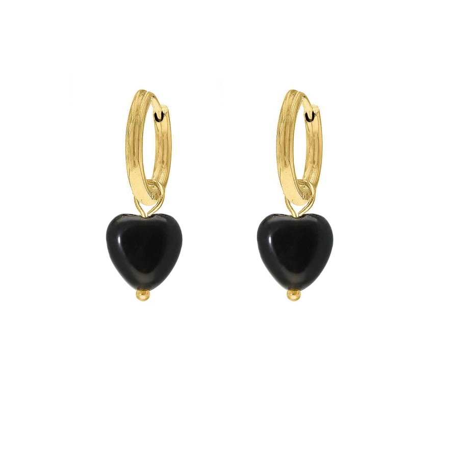 Oorbellen Finaste | Black Heart Earrings Goldplated