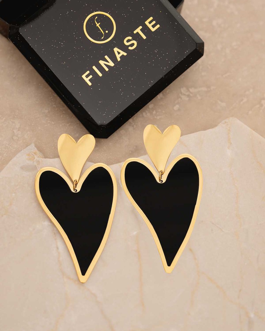 Oorbellen Finaste | Black Heart Earrings Double Goldplated