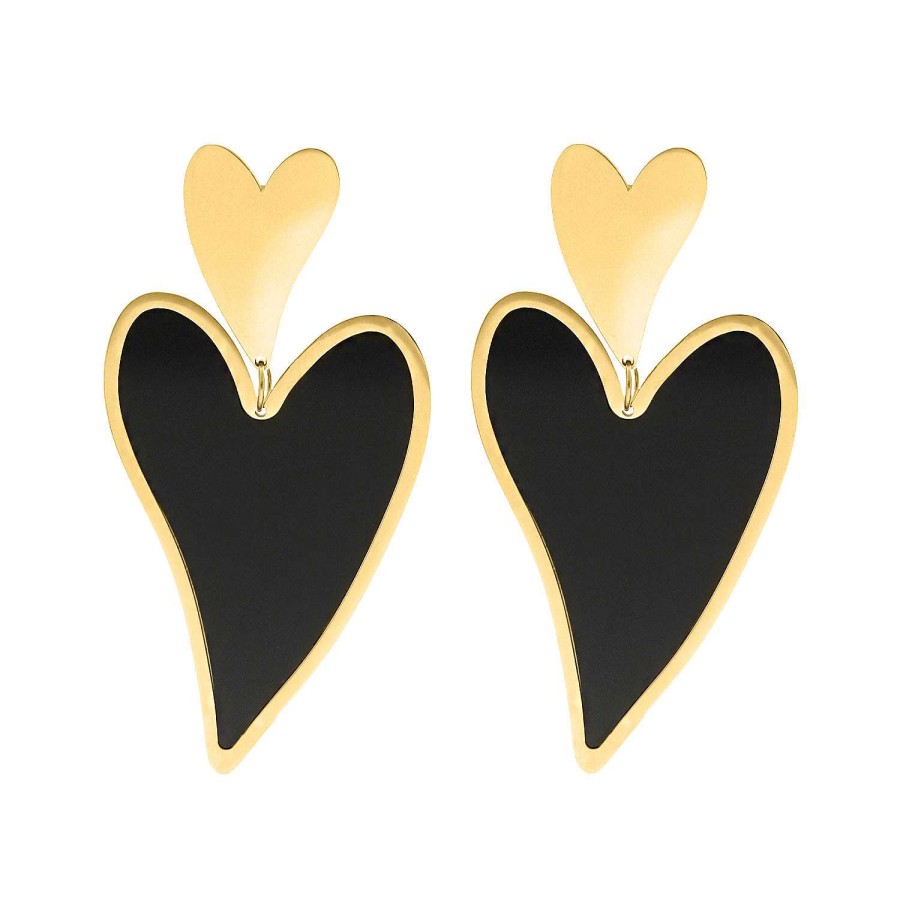 Oorbellen Finaste | Black Heart Earrings Double Goldplated