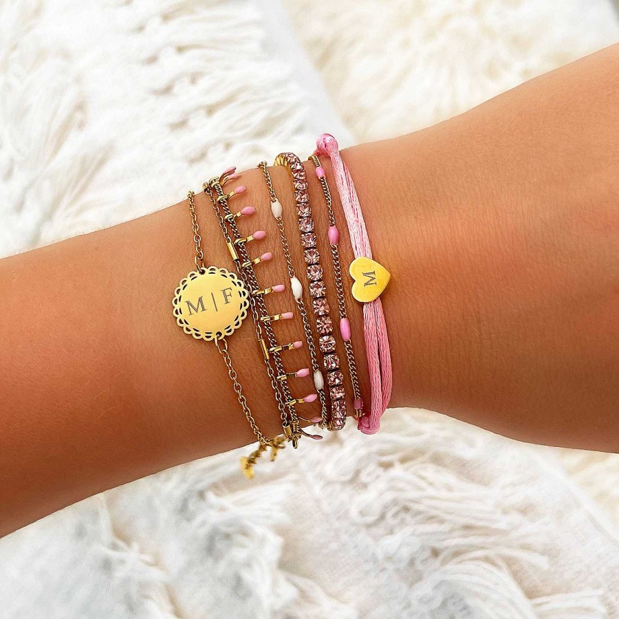 Armbanden Finaste | Armband Met Roze Bolletjes Goudkleurig