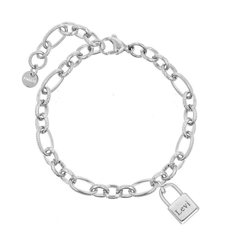 Armbanden Finaste | Schakelarmband Met Slotje Graveren Kleur Zilver