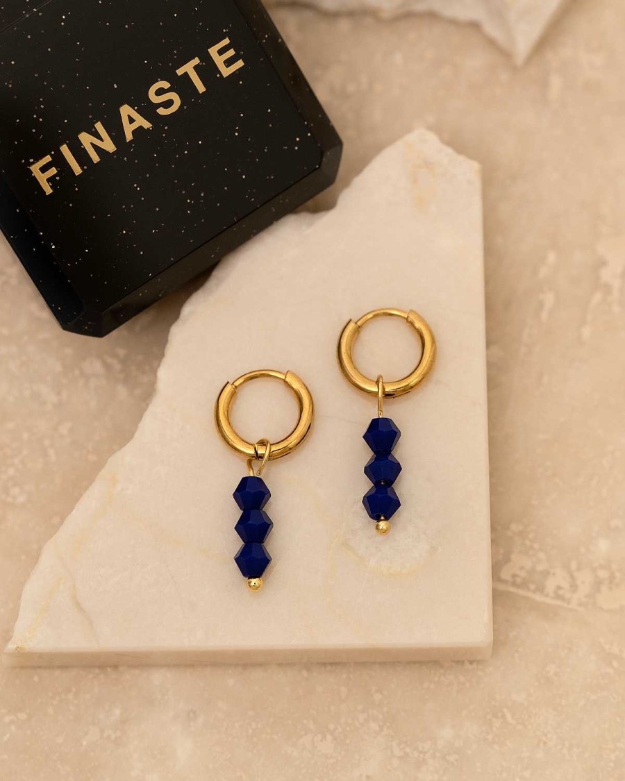 Oorbellen Finaste | Earrings Triple Blue Beads Goldplated