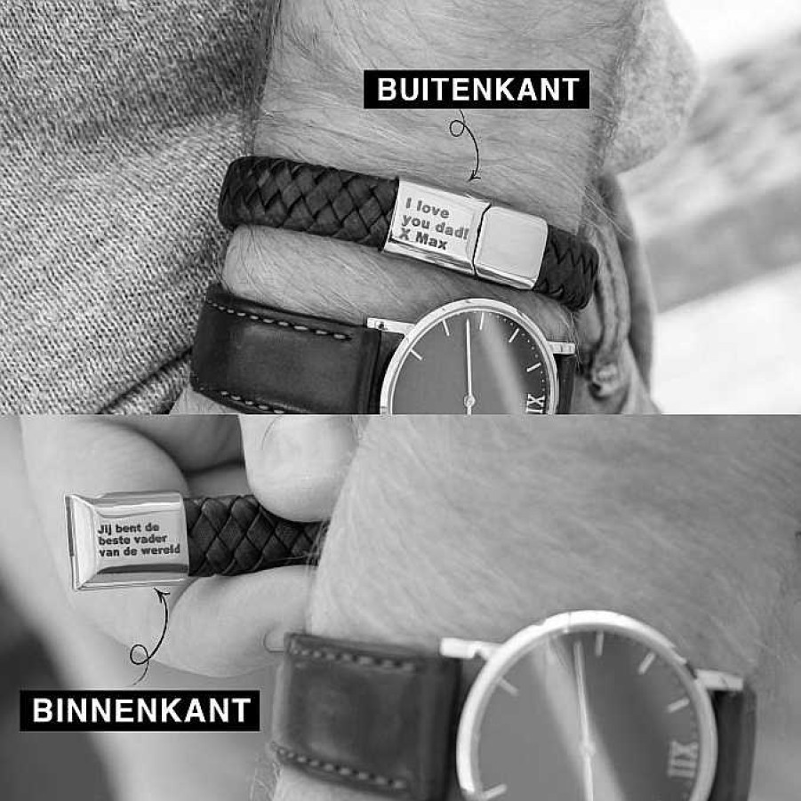 Armbanden Finaste | Graveerbare Leren Mannen Armband Bruin Goud Kleurig